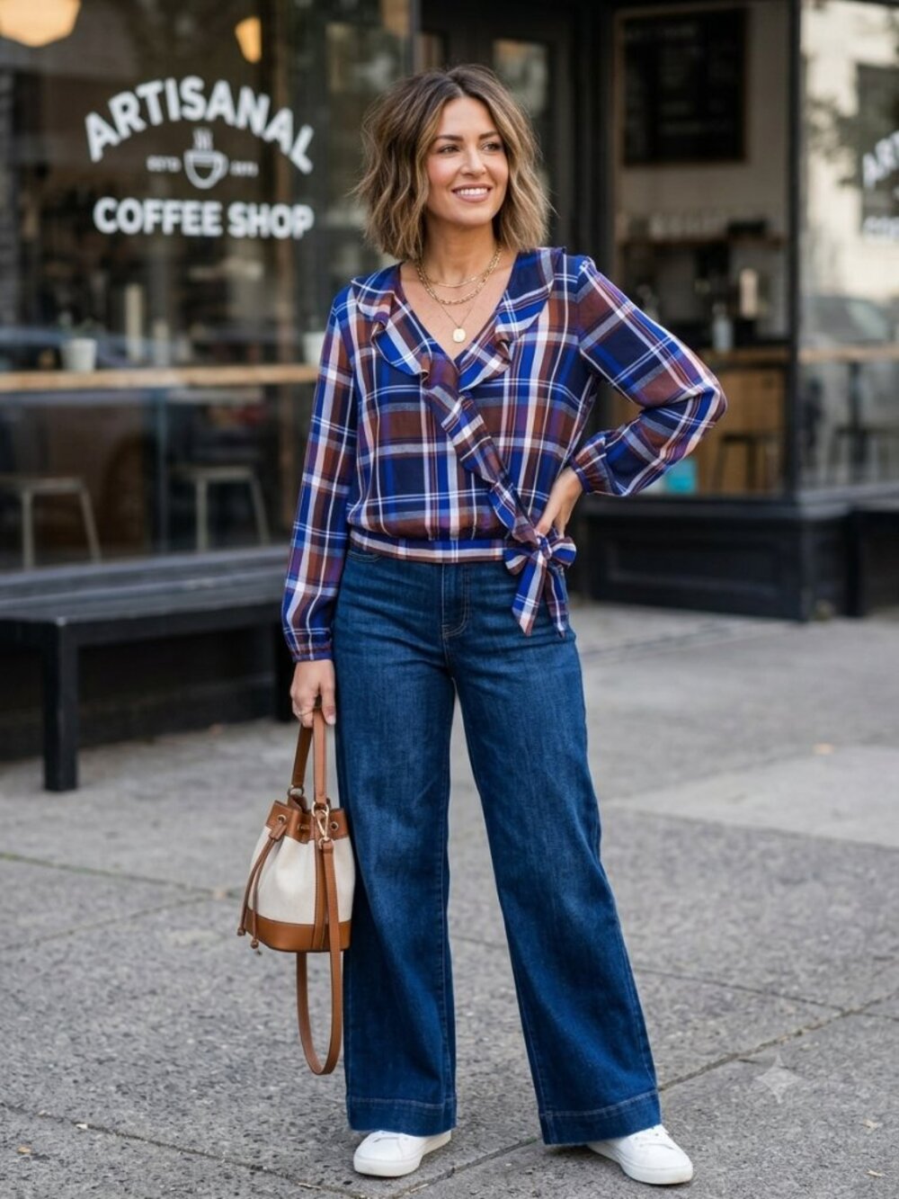 a.n.a Blue Plaid Ruffle Trim Wrap Top M Long Sleeve Rayon Boho Peasant Blouse